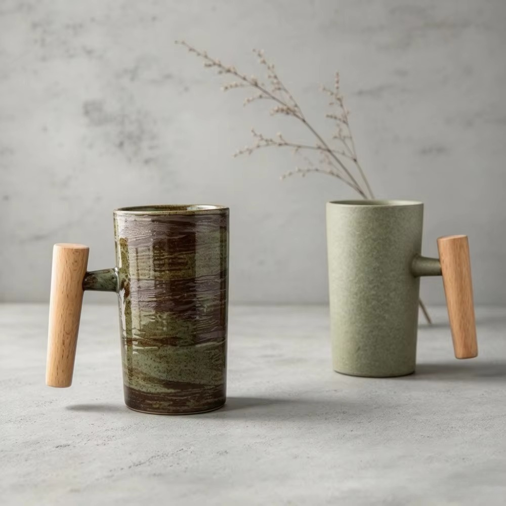 일본풍 디자인의 도자기 커피 머그, 나무 손잡이, 복고 - Japanese Pottery 리뷰 및 가격
