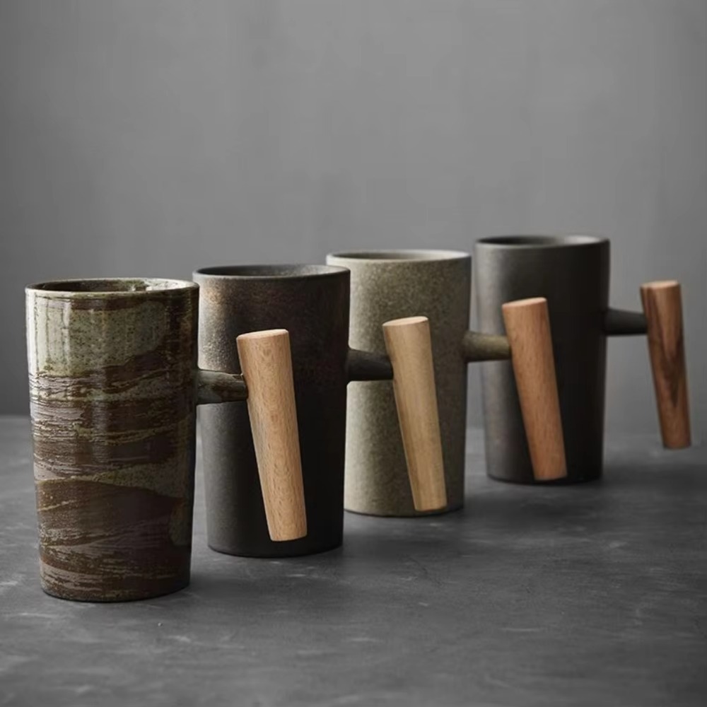 일본풍 디자인의 도자기 커피 머그, 나무 손잡이, 복고 - Japanese Pottery 리뷰 및 가격